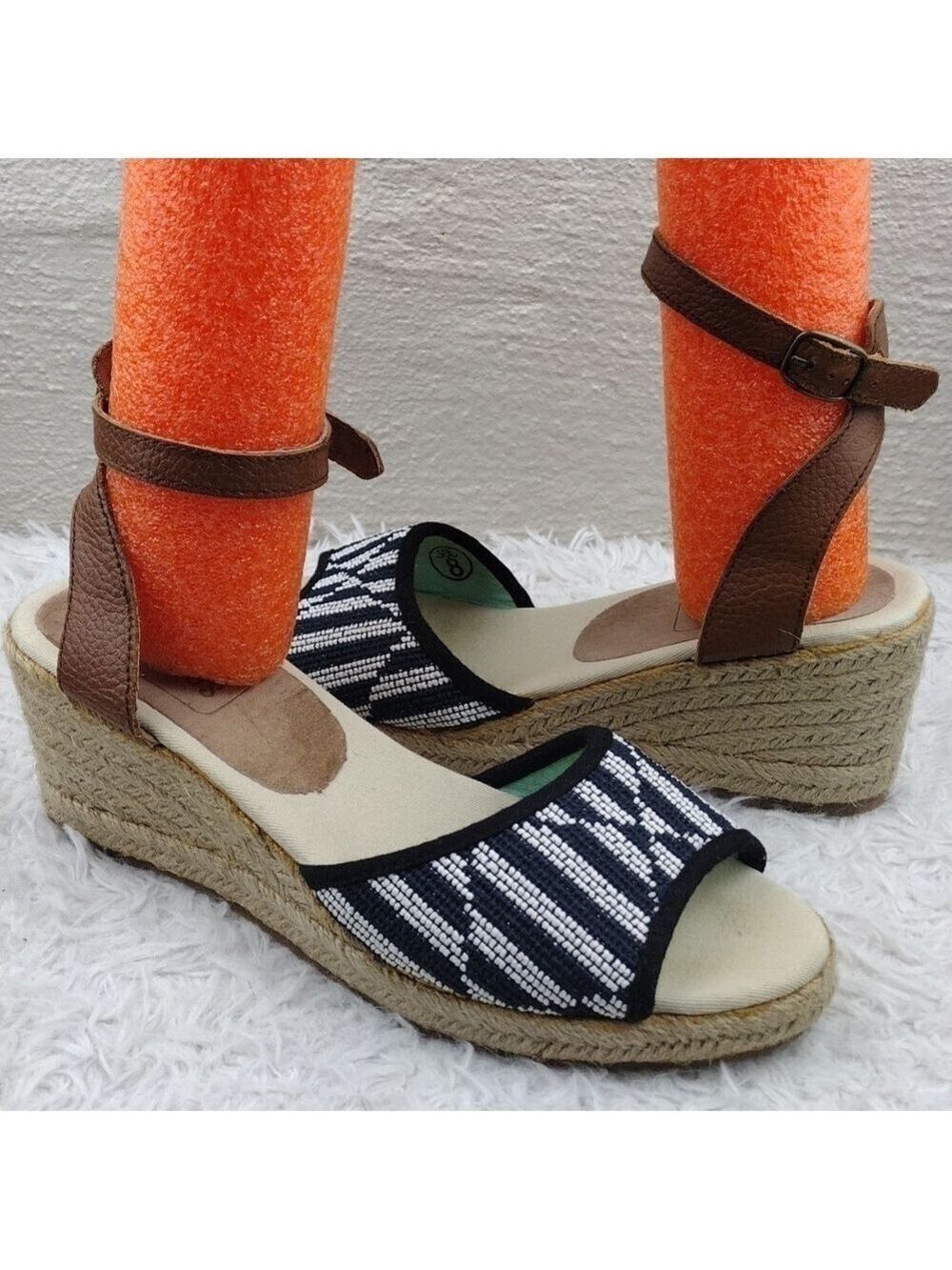 Soludos Tan Blue Embroidered Open Toe Wedged Heel Ankle Strap Espadrille Sandal